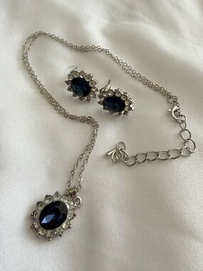 Silver Necklace and Stud Earring Set with Dark Blue Gemstones